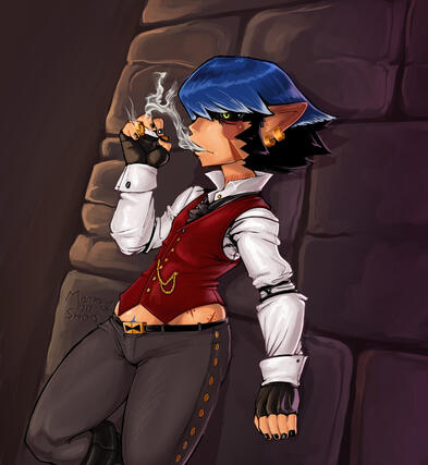 On the streets of Ul'dah. Fanart by Monkeyonsticks on Twitter and Bsky.